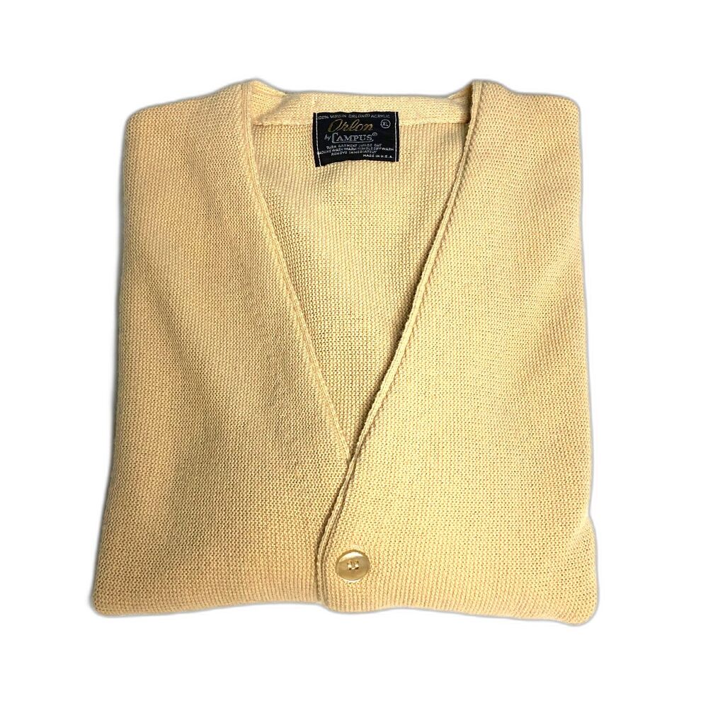 #7350 Orlon Campus Vintage Mens Cardigan sweater Tan Size XL